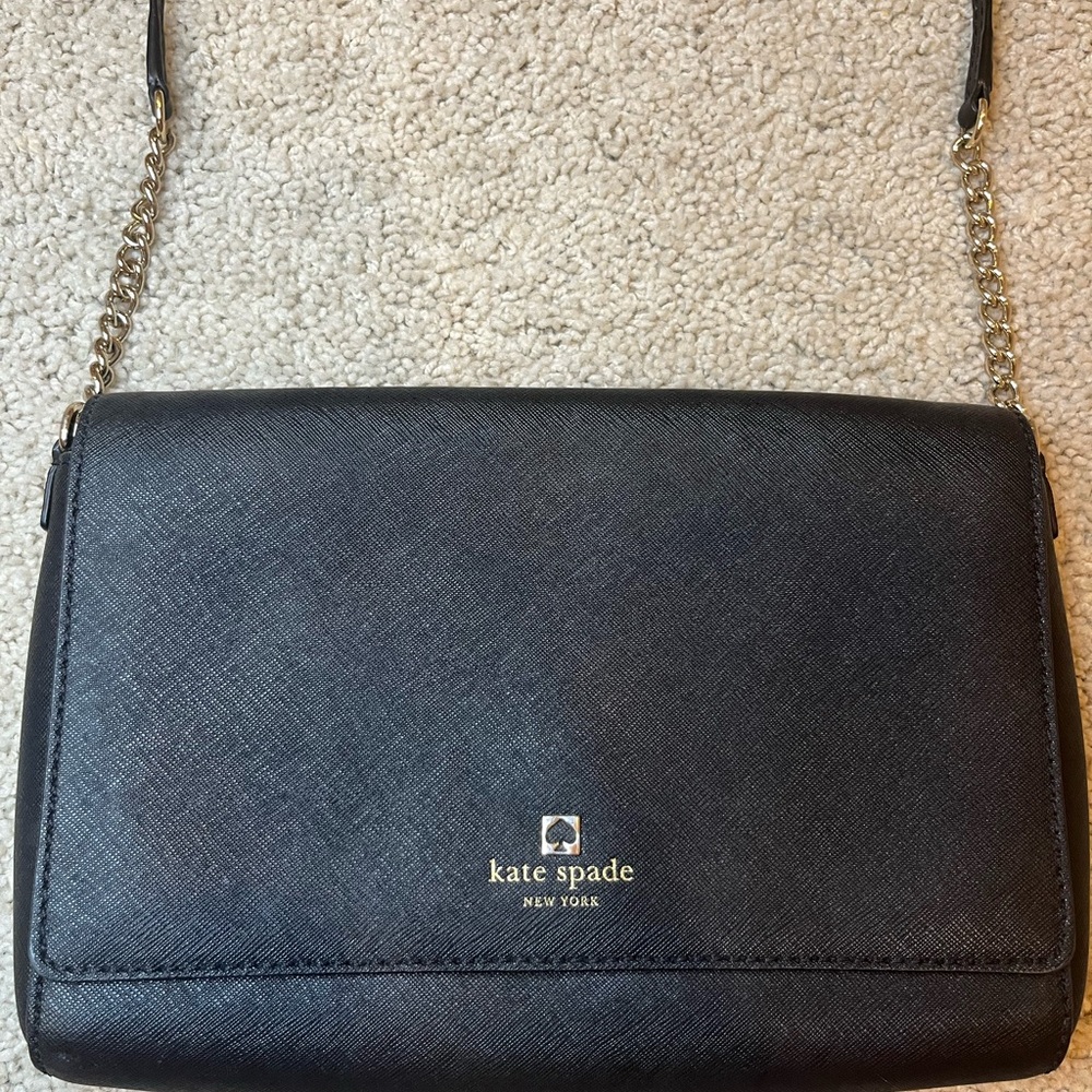 Kate Spade Black Leather Crossbody Bag with Silver Chain
